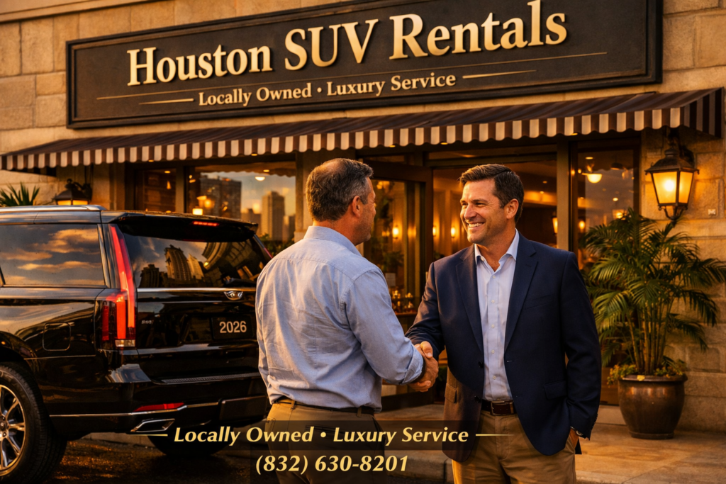 “Owner of Houston SUV Rentals shaking hands with a returning client outside a boutique storefront labeled ‘Houston SUV Rentals,’ with a black SUV parked nearby under warm afternoon light.”