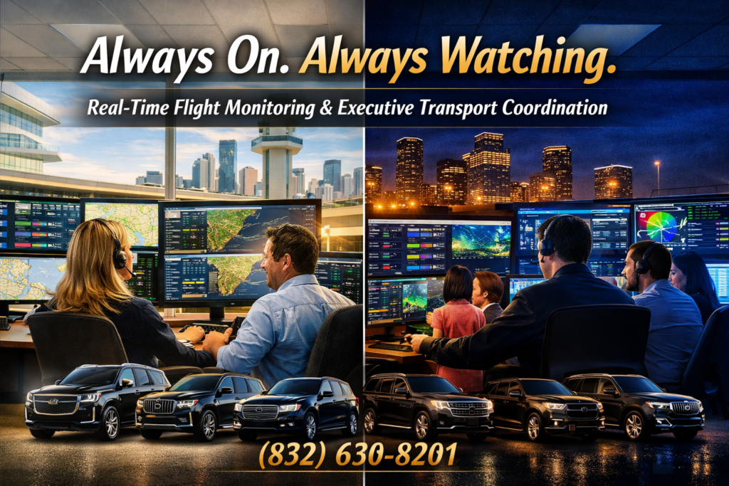 Split‑screen day and night image of dispatchers in a Houston operations control room monitoring flights and SUV GPS maps, representing Houston SUV Rentals’ 24/7 real‑time monitoring service.