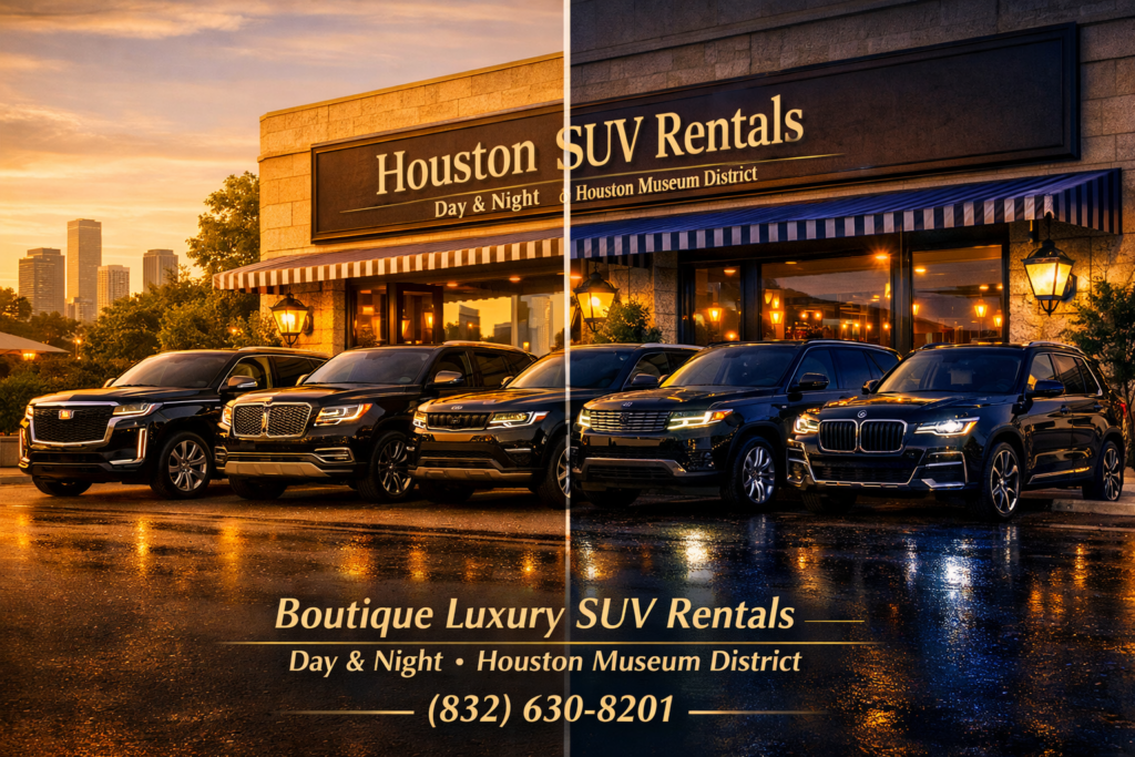 “Split‑screen day and night image of four 2026 black luxury SUVs — Cadillac Escalade, Lincoln Navigator, Range Rover, and BMW X7 — parked outside a boutique hotel in Houston’s Museum District under golden‑hour and nighttime lighting.”