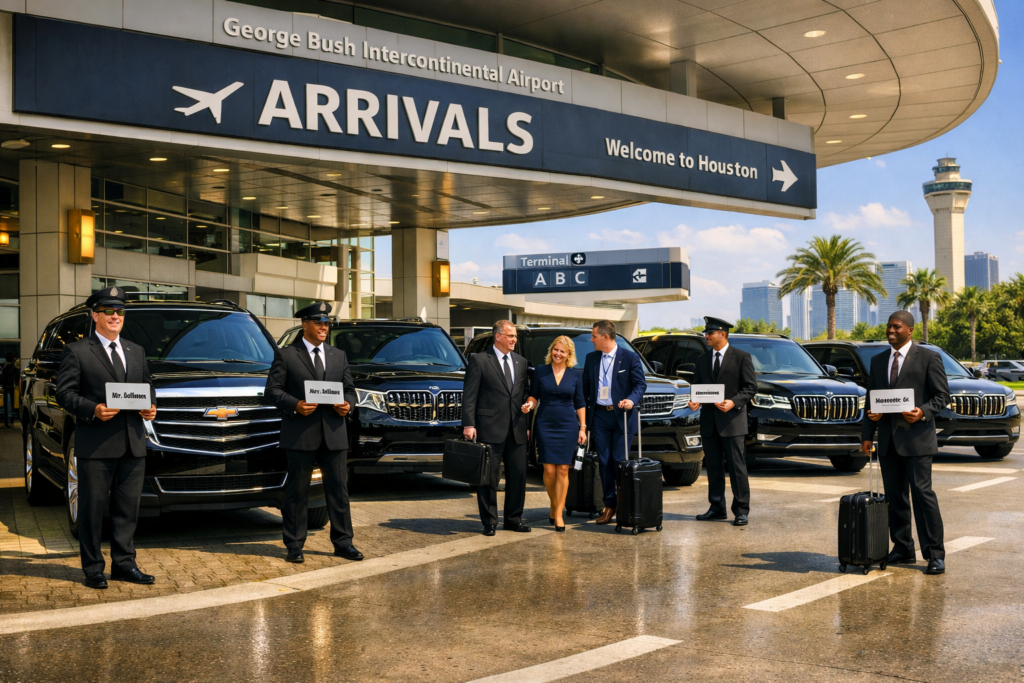 “Corporate VIP clients arriving at Houston IAH Airport where chauffeurs in black suits hold tablets beside luxury black SUVs — Escalade, Navigator, Range Rover, and BMW X7 — under the arrivals canopy.”