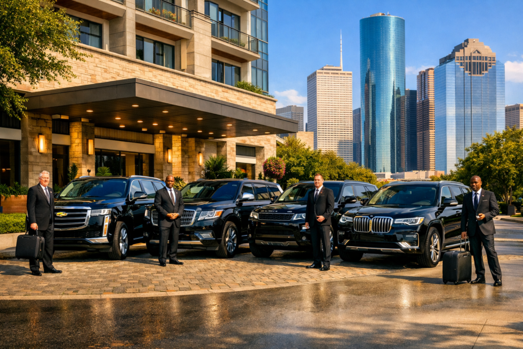 “Luxury black SUV fleet — Cadillac Escalade, Lincoln Navigator, Range Rover, and BMW X7 — parked in formation outside a boutique Houston hotel with chauffeurs standing beside each vehicle, showcasing premium local SUV rental service.”