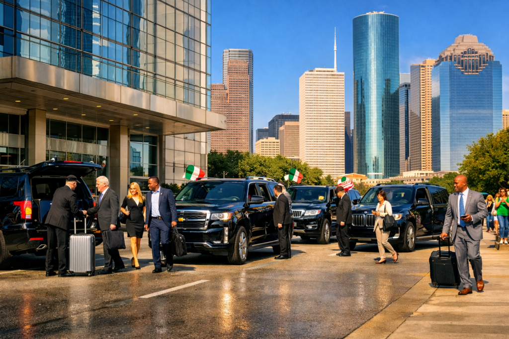 “Luxury black SUVs transporting corporate executives in downtown Houston under bright daylight. Chauffeurs assist business professionals with luggage outside a modern glass office tower, showcasing premium group transfer service.”