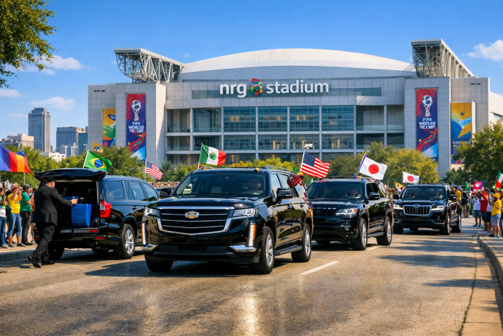 “Luxury SUVs waiting outside NRG Stadium in Houston during golden hour as World Cup fans celebrate post‑game, chauffeurs assisting guests with flags and luggage.”