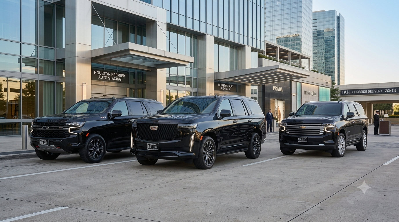 2026 GMC Yukon XL Denali black luxury SUV available for rental in Houston Texas 24/7 airport curbside