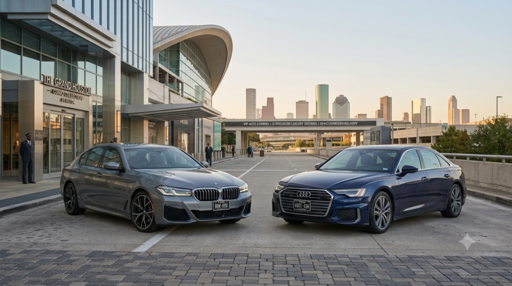 cinematic, wide-angle lifestyle photograph set on a clear day, on the paved driveway complex of 'THE GRAND HOUSTON - CURIO COLLECTION BY HILTON' (with the building's distinctive modern facade, glass entrance, and correct text on the sign, The car on the left is a metallic grey, current-generation BMW 5 Series sedan (G60), positioned first in line. It features the optional M Sport package with blacked-out trim, 20-inch wheels, and the iconic, slightly larger illuminated kidney grille, as seen in image_48.png. The car on the right, parked immediately next to the 5 Series, is a metallic dark blue, current-generation Audi A6 sedan (C8), showing its detailed Matrix LED matrix headlights and prominent hexagonal Singleframe grille, also a close match to the Audi A8 from image_48.png. Both vehicles look polished and pristine. Custom Texas license plates read: 'BMW-HOU' and 'AUDI-IAH'. Behind them, a digital overhead sign and vertical pylon signs, clearly display the text: 'VIP AUTO STAGING | PREMIUM LUXURY SEDANS | IAH CURBSIDE DELIVERY'. The complex facade and windows are visible, along with blurred figures of a valet and other well-dressed people (matching the visual language in the distance, maintaining a high-end service environment. The paved ground is clean. The entire panoramic view of the Houston skyline is visible in the far background under the warm sky. The depth of field is relatively shallow, isolating the two cars as the clear primary subjects. No text overlays.