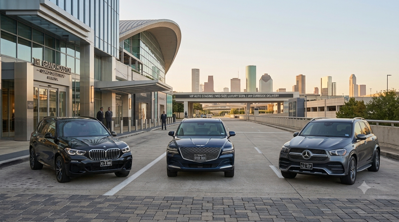 2026 BMW X5, Genesis GV80, Mercedes-Benz GLE midsize luxury SUVs staged for VIP curbside delivery Houston Texas