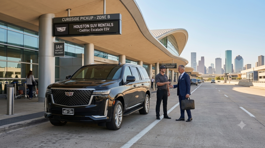 A cinematic, wide-angle lifestyle photograph taken during a sunny day on the IAH (George Bush Intercontinental Airport) arrivals curb. A professional "HOUSTON SUV RENTALS" agent in a branded uniform is handing keys to a smiling businessman in a sharp blue suit. Both are standing next to an immaculate black Cadillac Escalade ESV with custom license plates that read "HOU-IAH." Above them, a large overhead sign displays "IAH CURBSIDE DELIVERY - ZONE B." The unique curved architecture of the IAH terminal, a clear panoramic view of the entire downtown Houston skyline, and several luxury vehicles and other passengers with luggage carts are visible in the background.