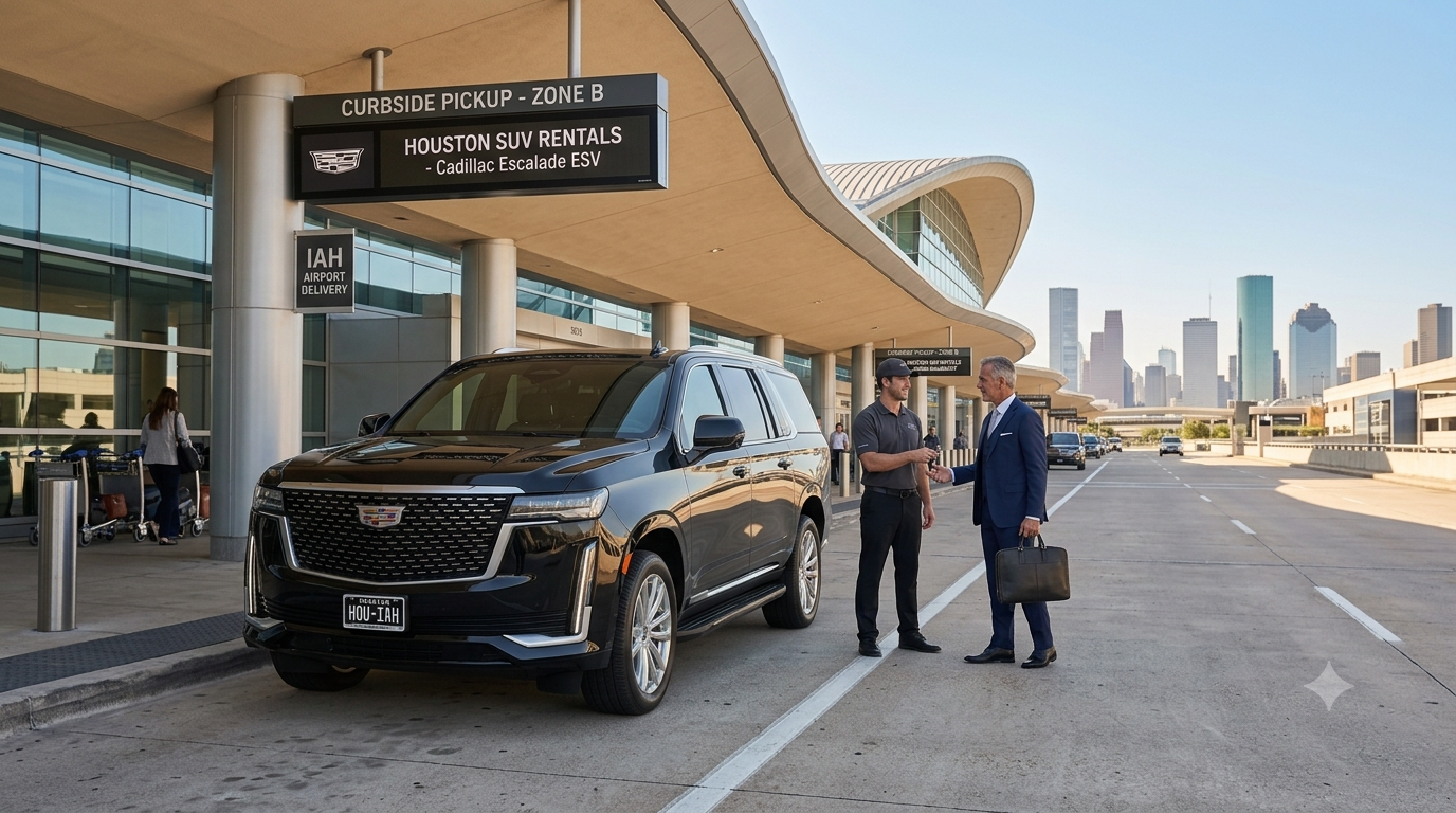 2026 Cadillac Escalade ESV black luxury SUV curbside pickup at IAH George Bush Intercontinental Airport Houston