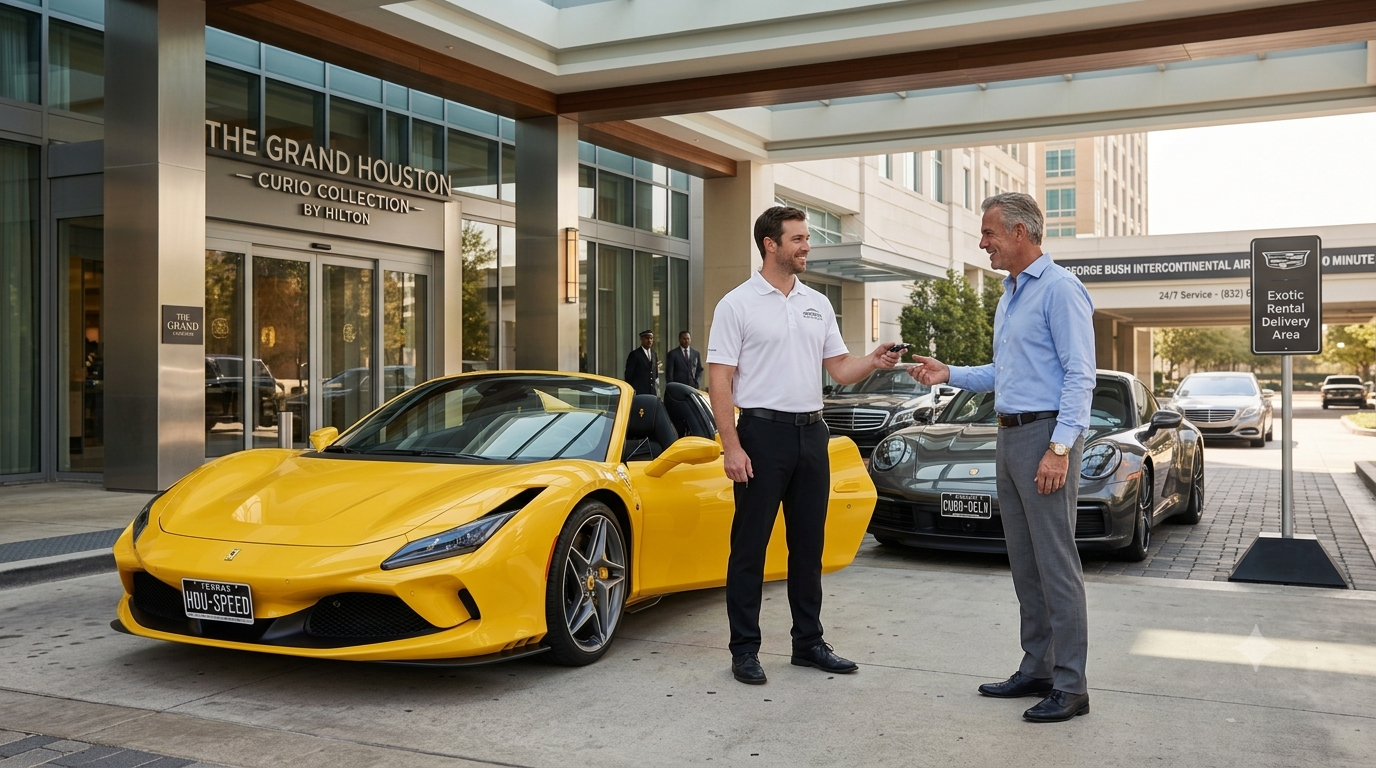 Exotic car rental curbside delivery at The Grand Houston Curio Collection by Hilton Houston
