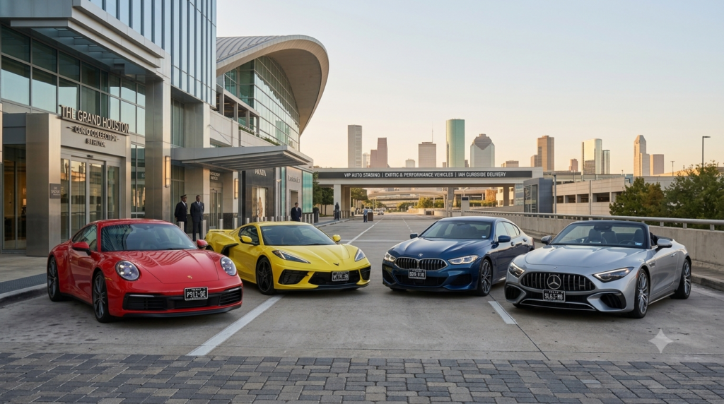 A cinematic, wide-angle lifestyle photograph capturing four immaculate, colorful exotic and performance vehicles—a red Porsche 911, a yellow Chevrolet Corvette C8, a blue BMW 840, and a silver Mercedes-Benz SL 63 AMG Roadster—parked in perfect alignment in a VIP auto staging area at a prestigious Houston location (indicated by "THE GRAND HOUSTON" sign from image_32.png). All four cars are positioned with distinctive, custom Texas license plates. Overhead digital and pylon signs clarify: "VIP AUTO STAGING | EXOTIC & PERFORMANCE VEHICLES | IAH CURBSIDE DELIVERY." The complex features the unique curved architectural canopy from image_42.png, a clear panoramic view of the complete downtown Houston skyline in the background, and several valet and driver figures maintaining a high-end service atmosphere under a clear, warm sky. The scene is immaculate, with vibrant reflections on the polished surfaces.