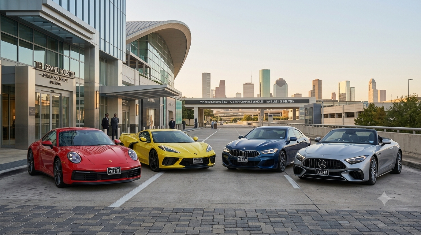 2026 exotic performance cars Porsche 911 Chevrolet Corvette C8 BMW 840 Mercedes-Benz SL staged at The Grand Houston for VIP curbside IAH delivery