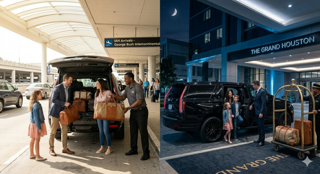 A split-screen composition contrasting daytime and nighttime luxury travel scenes. The left side, set in daytime, shows a uniformed driver loading a premium leather suitcase into the trunk of a black 2026 Cadillac Escalade ESV at a Houston airport (IAH Arrivals, George Bush Intercontinental). A stylish family (parents and daughter) watches with anticipation. The right side, set at night, shows the same family and driver arriving at the entrance of "The Grand Houston" hotel. The Escalade is now being unladen by a hotel bellman. The scenes feature identical subjects, matching personalized license plates reading "HOU-HTX" on both vehicles, and consistent branding ("IAH", "The Grand Houston", "Curio Collection"). The composition has a polished, high-resolution lifestyle photograph quality.
