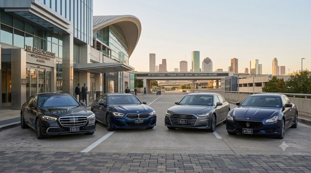 A high-resolution, wide-angle lifestyle photograph of four pristine luxury sedans parked in a designated VIP Auto Staging area at a prestigious Houston venue (indicated by "THE GRAND HOUSTON" sign from image_32.png). The fleet, aligned from left to right, includes a black Mercedes-Benz S-Class ('S-CLASS-TX'), a dark blue BMW 7-Series ('760-TECH'), a grey Audi A8 L ('A8-LUX'), and a dark blue Maserati Quattroporte ('QP-PASS'), all meticulously clean and reflecting the warm golden hour light. The facility features the identical complex from image_32.png and image_46.png, including the curved canopy from image_42.png, with overhead digital signs and pylons clarifying: "VIP AUTO STAGING | PREMIUM LUXURY SEDANS | IAH CURBSIDE DELIVERY." A precise, complete Houston downtown skyline is visible in the background under a clear, warm sky, and several valet attendants and driver figures maintain a premium, active atmosphere. The scene is wide, sharp, and immaculate.