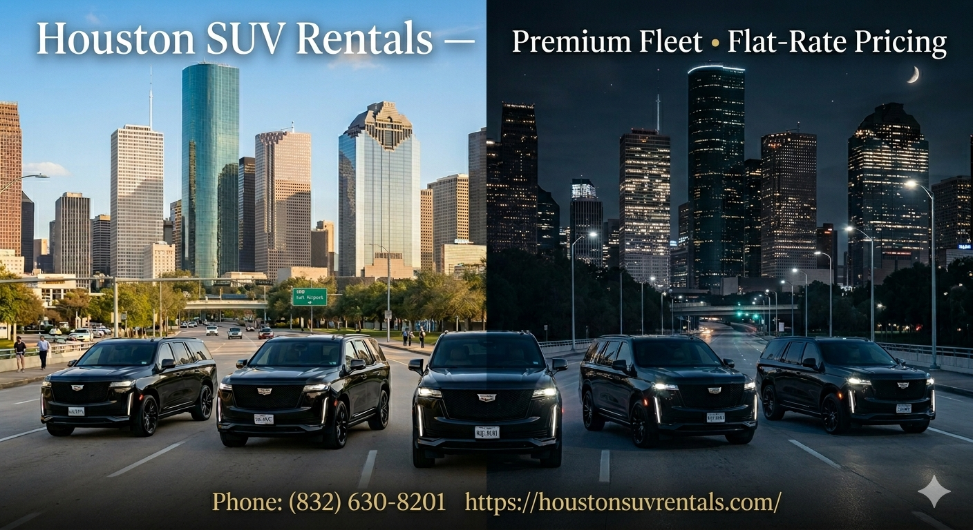 Houston SUV Rentals 2026 luxury fleet day and night across Houston Texas