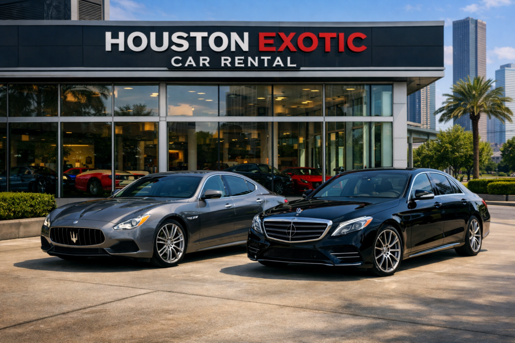 “Metallic‑gray Maserati Quattroporte and black Mercedes‑Benz S‑Class parked in front of the Houston Exotic Car Rental office under bright daylight, with palm trees and showroom glass reflecting the Houston skyline.”