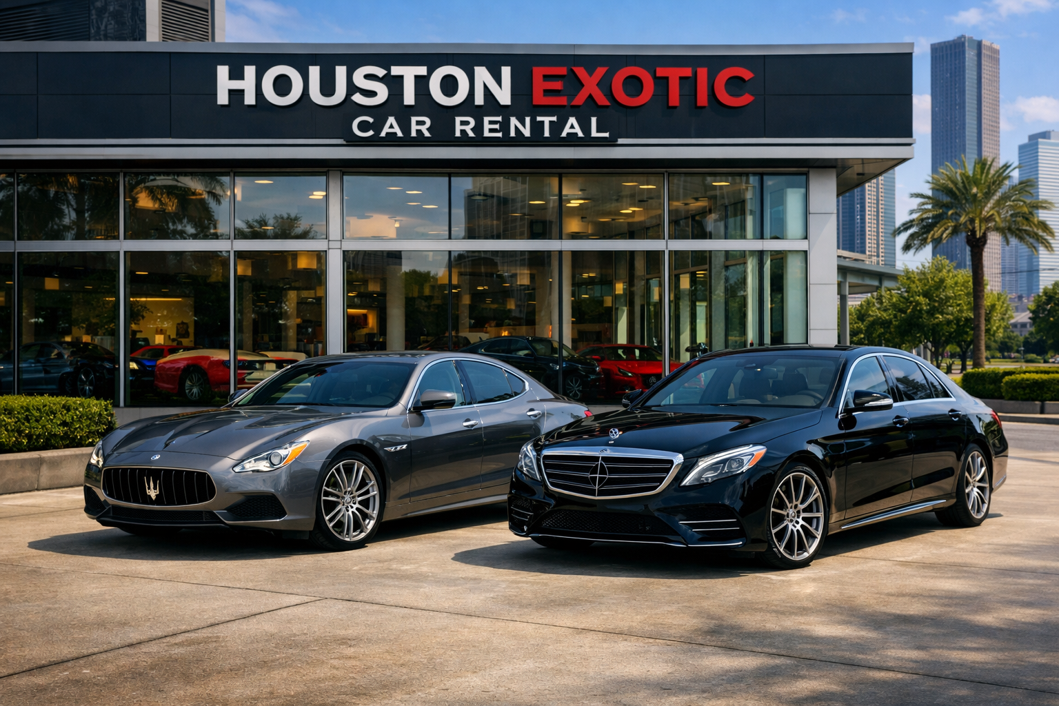 2026 Maserati Quattroporte and Mercedes-Benz S-Class luxury sedans at Houston Exotic Car Rental
