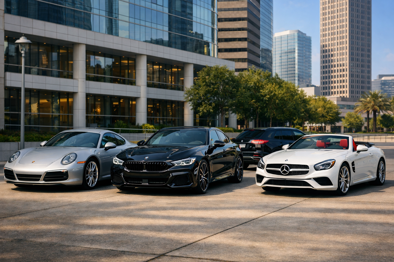 Porsche 911 BMW 840 Gran Coupe Mercedes-Benz SL roadster exotic sports cars available for rental Houston Texas downtown skyline