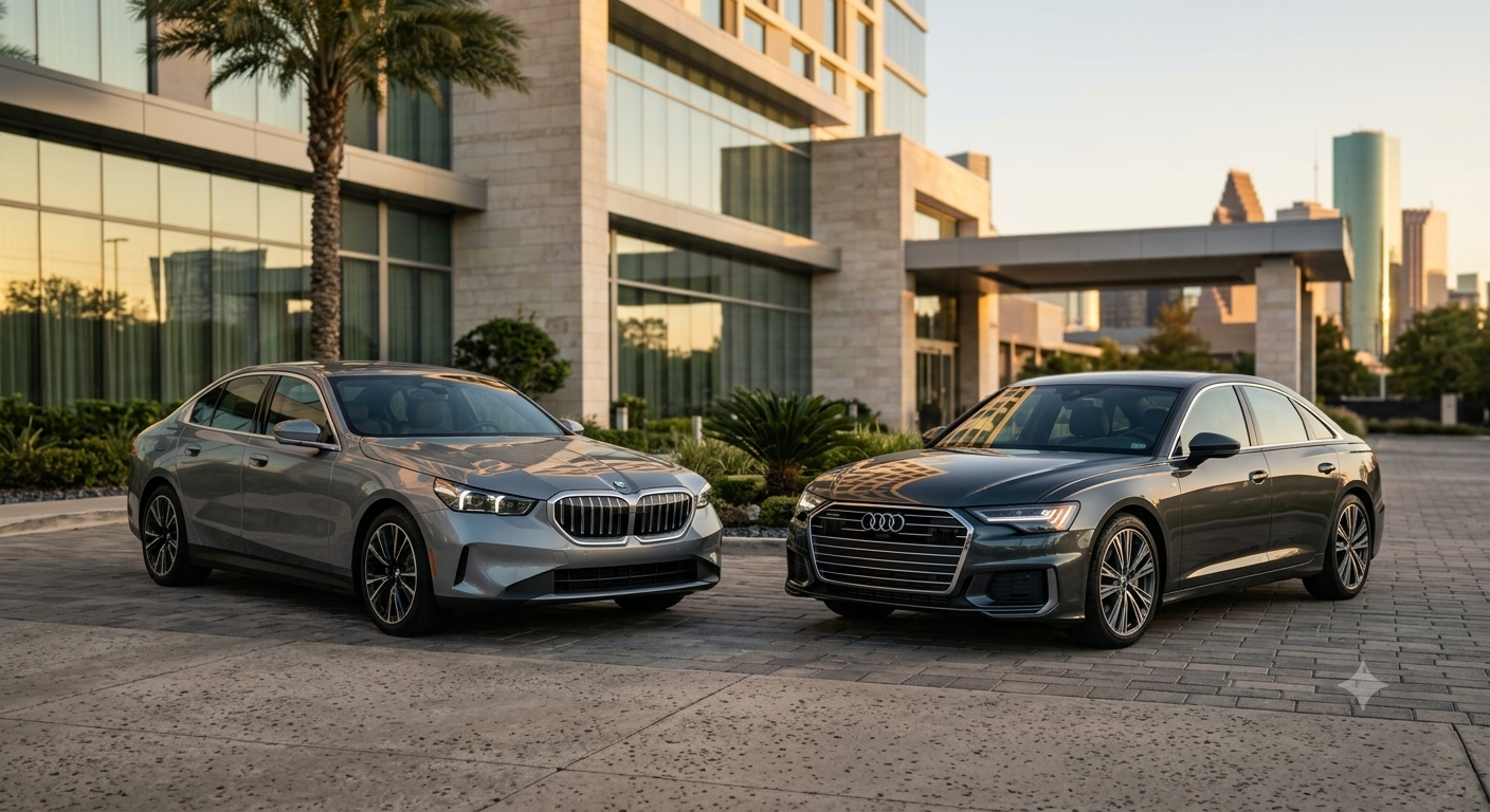 2026 BMW 5 Series G60 and Audi A6 C8 quattro full size luxury sedans staged for VIP delivery Houston Texas