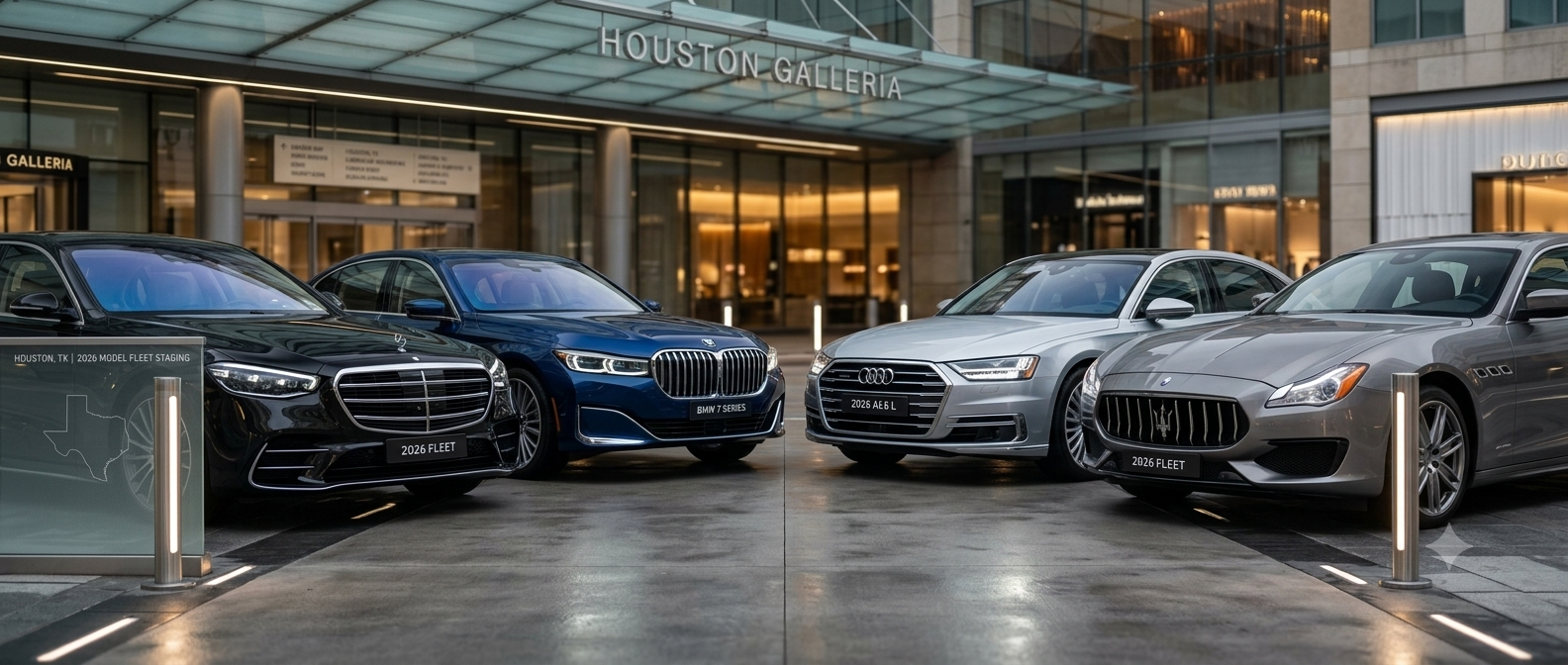 2026 Mercedes-Benz S-Class, BMW 7-Series, Audi A8, Maserati Quattroporte premium luxury sedans staged at The Grand Houston for VIP curbside delivery
