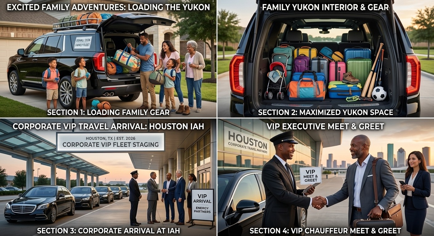 Family adventures loading 2026 black GMC Yukon SUV with luggage and Corporate VIP Travel Airport arrival Houston