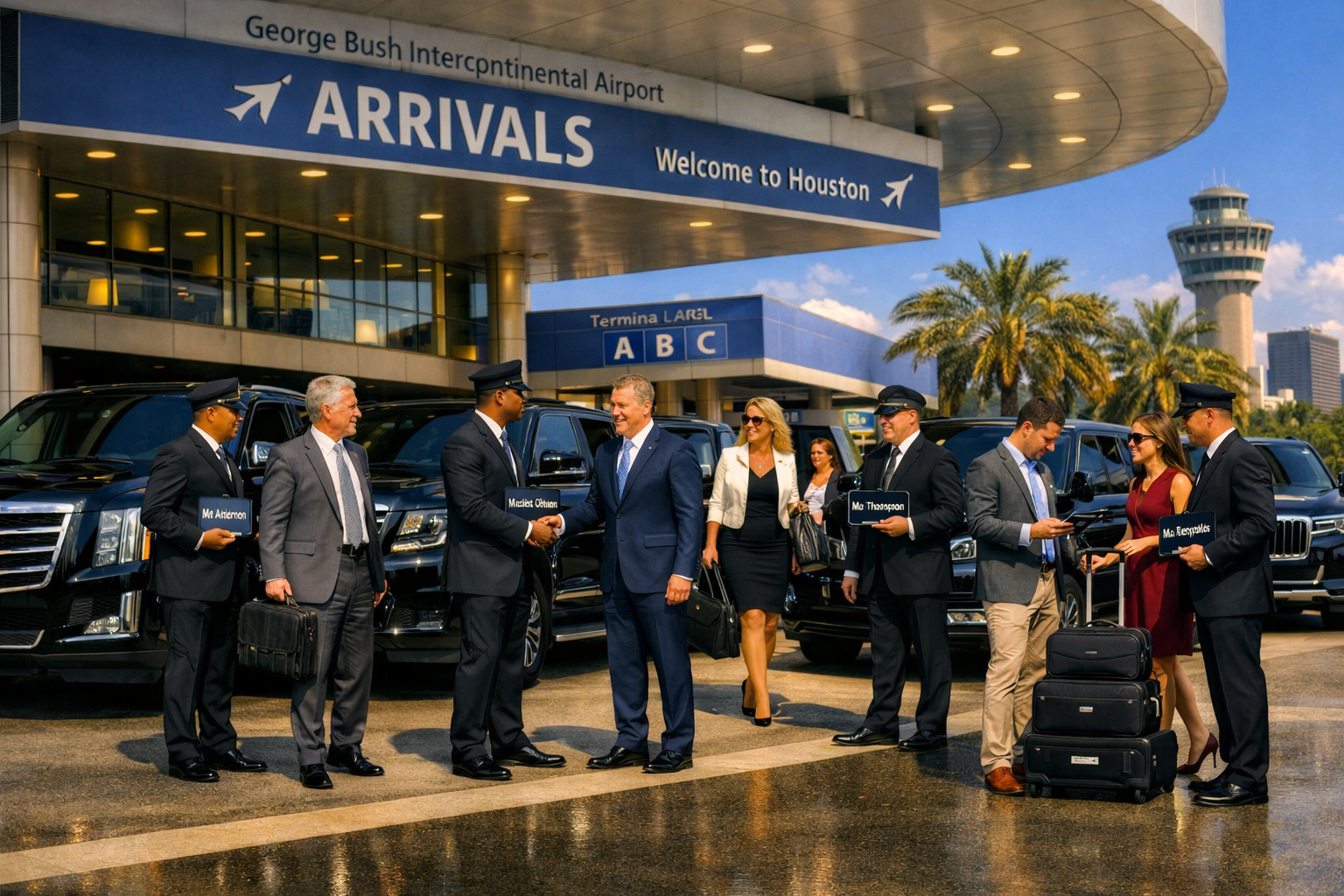 Corporate VIP arrival at IAH Houston luxury fleet curbside with name board greeters