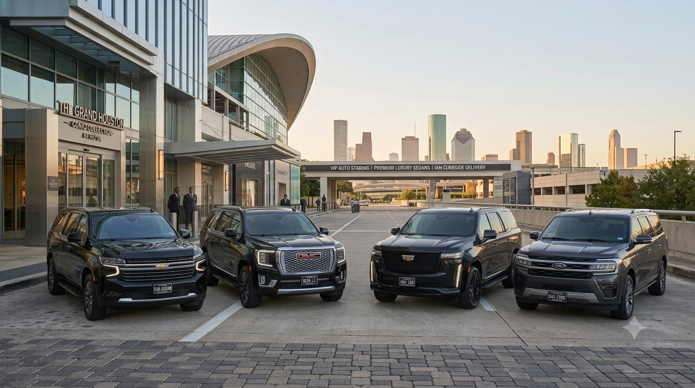 2026 black luxury SUV fleet: Chevrolet Suburban XL, GMC Yukon XL Denali, Cadillac Escalade ESV, Ford Expedition Max Houston IAH curbside