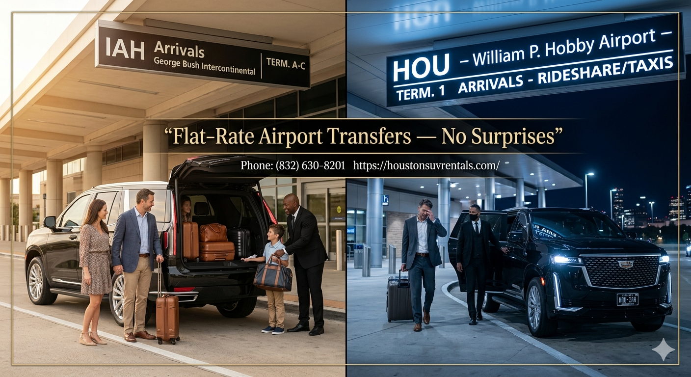 Black luxury SUV fleet curbside service at Houston IAH and HOU airports 24/7