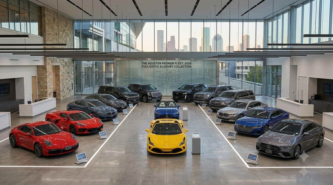 Full exotic vehicles collection Houston SUV Rentals — Porsche 911, Corvette C8, BMW 840, Mercedes SL